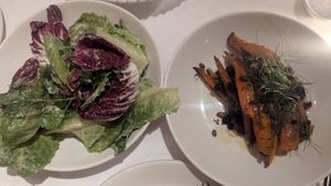 Carrots, pine nuts &current agrodolce $18.00: loved it! carrots were not sweet, dish had a warm spice flavour, some peppery bits; Autumn leaves w/verjus $15.00: loved the dressing! at Patsy's in Melbourne