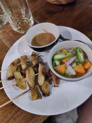 Mushroom satay with peanut sauce at Ratana's Kitchen in Chiang Mai