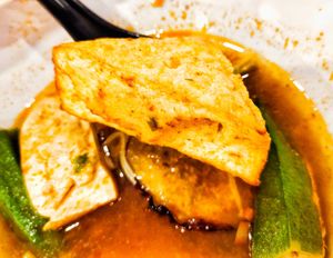 Texture of the fried tofu Yong Tau Foo at Veggie House 一芳 - Tai Seng in Central Singapore