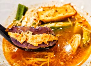 Texture of the eggplant Yong Tau Foo at Veggie House 一芳 - Tai Seng in Central Singapore