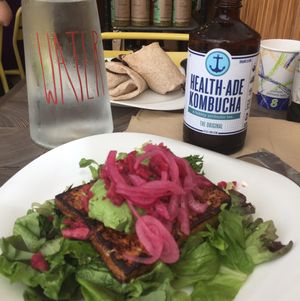 Kimchi Tofu on Mesclun and Breakfast Burrito at The Wild Radish in Nyack