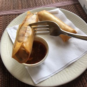 spring rolls with vegan fish sauce  at The Plants in Zanzibar