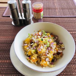 mango fried rice with cashew, peanuts and veggies  at The Plants in Zanzibar