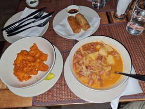 Springrolls + fried sweet potatoes + Sloval Sauerkraut+bean stew - all yummy at The Plants in Zanzibar
