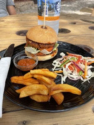Classic burger, salad and fries  at The Plants in Zanzibar