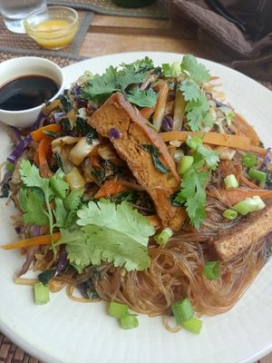Fried glass noodles with tofu and vegetables at The Plants in Zanzibar