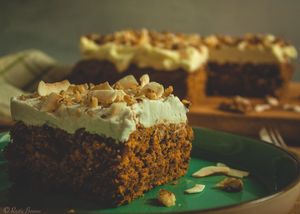 Vegan Carrot Cake with coconut cream topping
Rich carrot cake made of organic flour full of organic carrot nuts and coconut cream at RusticBoowa  in Tralee