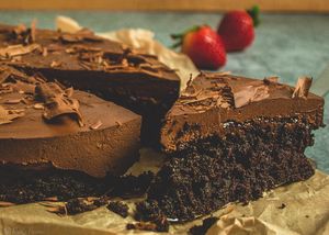 Vegan Double Chocolate Brownie 
Sticky chocolate brownie with touch of cherry jam and chocolate mousse on top at RusticBoowa  in Tralee