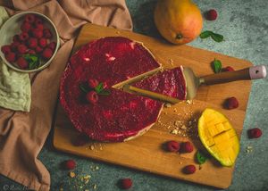 Vegan Mango Cheesecake with raspberry jelly topping  at RusticBoowa  in Tralee