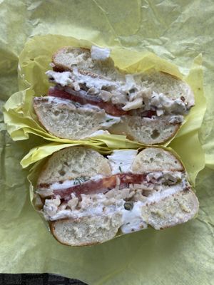 whitefish on sesame bagel  at Ben & Esther's Vegan Jewish Deli in San Diego