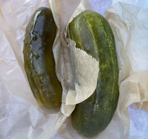 sour pickle (left) & dill pickle (right)   at Ben & Esther's Vegan Jewish Deli in San Diego