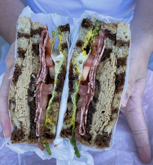 turkey bacon club   at Ben & Esther's Vegan Jewish Deli in San Diego