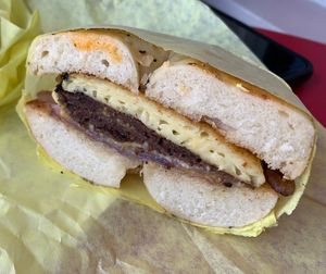 Bagel Sandwich: Steak & Eggs (Everything bagel)  at Ben & Esther's Vegan Jewish Deli in San Diego