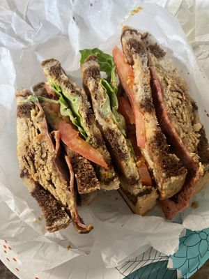 Turkey Bacon Club  at Ben & Esther's Vegan Jewish Deli in San Diego