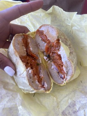 Lox gluten free bagel sandwich  at Ben & Esther's Vegan Jewish Deli in San Diego
