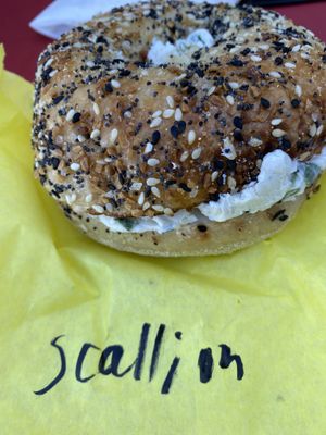 Everything bagel with scallion cream cheese - double yum  at Ben & Esther's Vegan Jewish Deli in San Diego