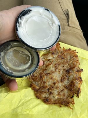 Latkes with sour cream and applesauce   at Ben & Esther's Vegan Jewish Deli in San Diego