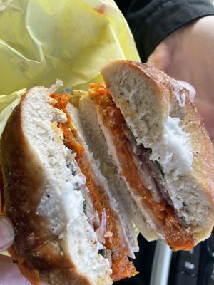 Lox on rosemary and sea salt bagel  at Ben & Esther's Vegan Jewish Deli in San Diego