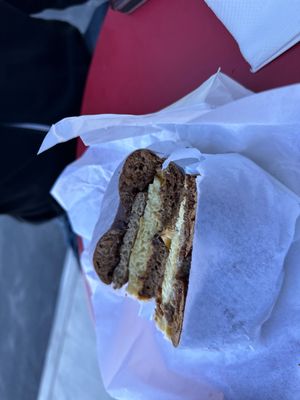 Pumpernickel breakfast sandwich   at Ben & Esther's Vegan Jewish Deli in San Diego