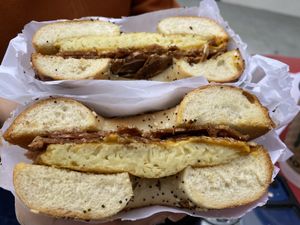 Bagel w egg & bacon   at Ben & Esther's Vegan Jewish Deli in San Diego
