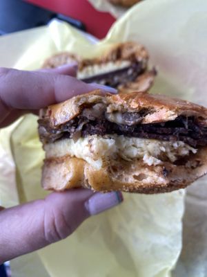 Steak & eggs on jalapeño bagel   at Ben & Esther's Vegan Jewish Deli in San Diego