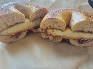 Bacn egg chz bagel sandwich at Ben & Esther's Vegan Jewish Deli in San Diego