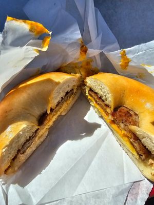 Sausage, egg, and cheese on a plain bagel at Ben & Esther's Vegan Jewish Deli in San Diego