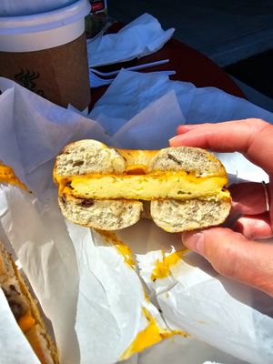Egg and cheese on a cinnamon raisin bagel at Ben & Esther's Vegan Jewish Deli in San Diego