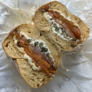 lox bagel sandwich  at Ben & Esther's Vegan Jewish Deli in San Diego