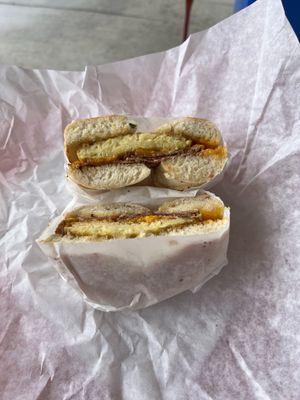 Egg, cheese, bacon, onion bagel at Ben & Esther's Vegan Jewish Deli in San Diego