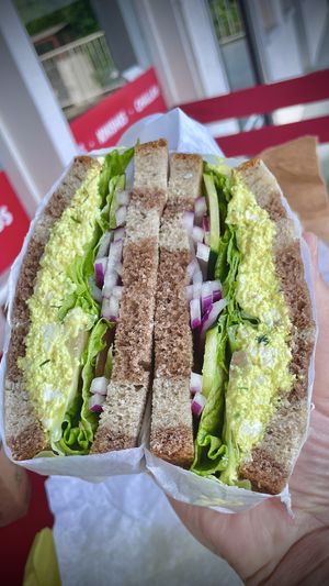 Egg salad sandwich I suggest throwing a little flavor on there like some hot sauce cause I’m crazy like that  at Ben & Esther's Vegan Jewish Deli in San Diego