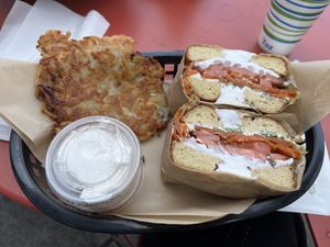 Lox bagel and Latkas  at Ben & Esther's Vegan Jewish Deli in San Diego
