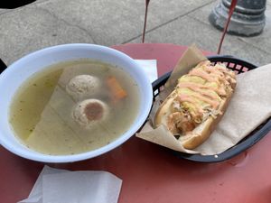 Reuban Hot Dog and Matzo Ball Soup  at Ben & Esther's Vegan Jewish Deli in San Diego