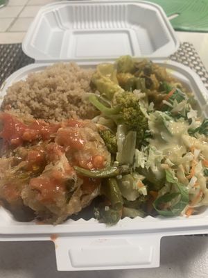 Caulk wings, veg stir fry, curry veg and quinoa   at Veggie Campus in Kingston