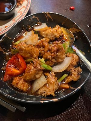 Mock chicken with black bean sauce  at Plum Valley in London