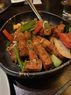 Mock pork belly dish Szechuan style  at Plum Valley in London