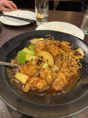 Fries Noodles with Mock Chicken in Black Bean Saucee  at Plum Valley in London