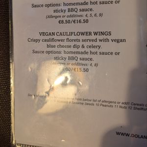 Vegan cauliflower wings with the option of bbq or hot sauce at Dolan's Pub and Restaurant in Limerick