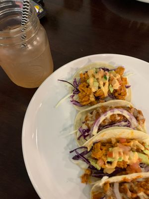 Tacos - pulled pork and chick'un plus a spiked raspberry lemonade (available alcohol free unless featured) at Stillfood Bistro in Salmon Arm