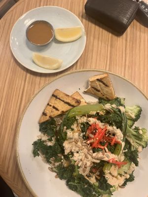 Goddess Bowl with Tahini ginger dressing hot sauce on the side   at Fresh Sherway in Toronto