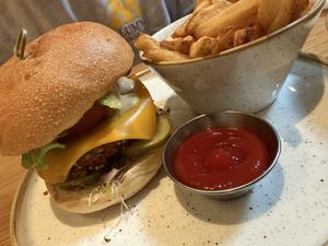 Cheeseburger, was ok…should have subbed non house made patty  at Fresh Sherway in Toronto