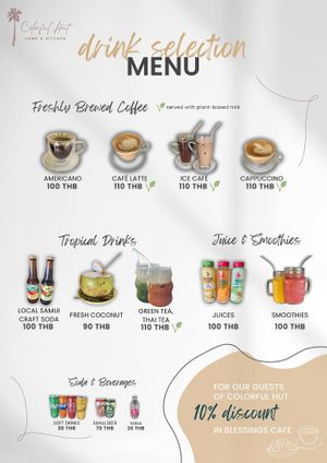 Menu 2016 drink selection at Colorful Hut in Koh Phangan