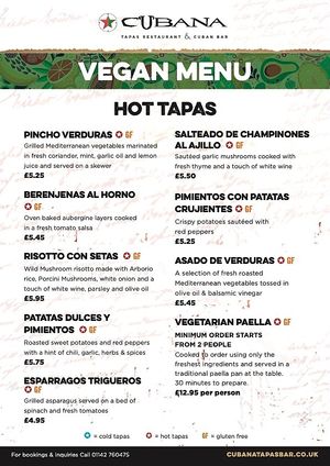 Vegan Menu Page 1. December 2021 at Cubana Tapas Bar in Sheffield