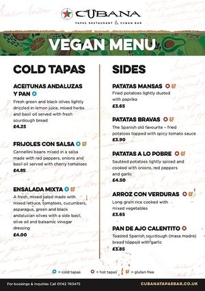 Vegan Menu Page 2.
December 2021 at Cubana Tapas Bar in Sheffield