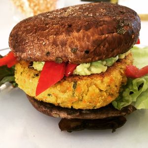 Vegan burger  at Las 3 Puertas in Cancun