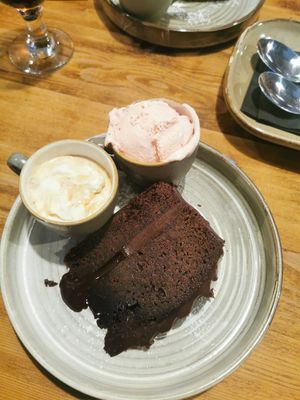 Chocolate fudge cake and vegan ice-cream at The Dairy in Larne