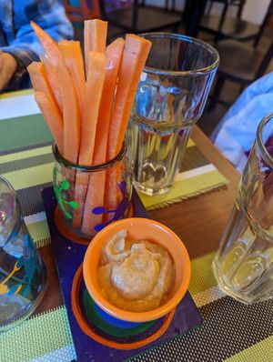 Very tasty smokey dip with raw carrots. at Viva la Pepa in El Calafate