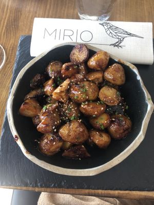 Salted seitan and potatoes with teriyaki sauce  at Mirlo La Caleta in Tenerife