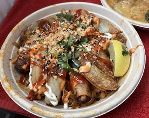 Mix platter with gyoza, spring and noodles  at Vegan Thai Food - Food Stall in North West London