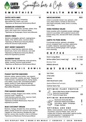 MENU at Earth to Body Cafe in Croydon